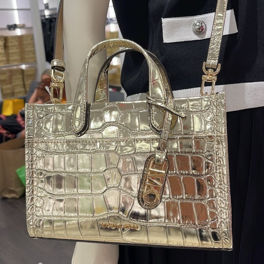 Michael Kors Gigi Small Metallic Crocodile Embossed Leather Messenger, Pale Gold - Picture 9 of 12
